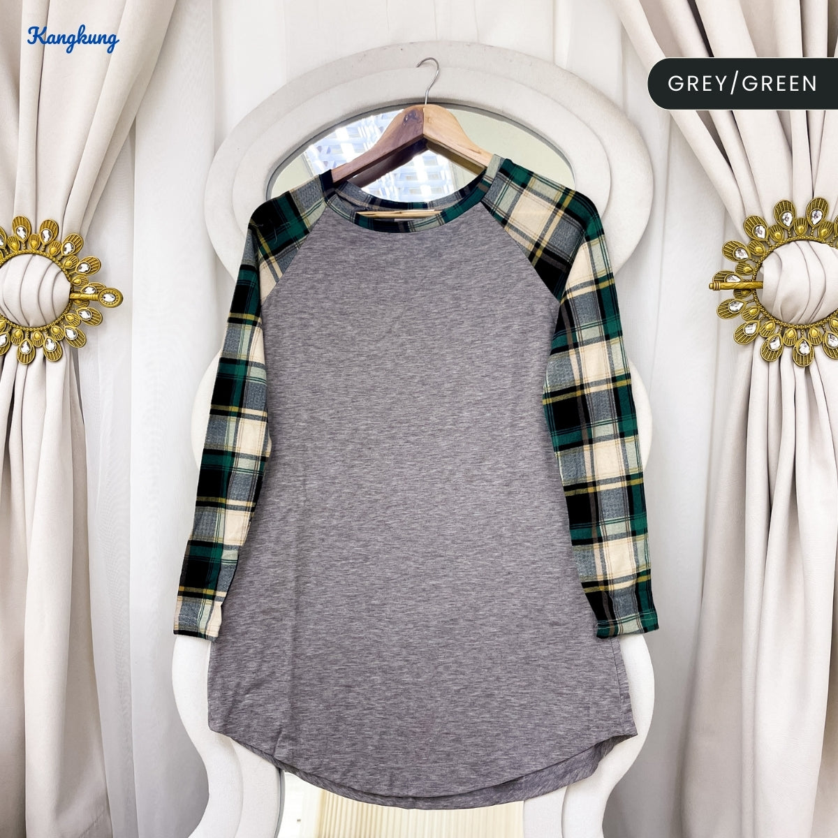 KANGKUNG ZAHRA KASUAL WOMEN GINGHAM SLEEVE SHIRT - C1025 (298)