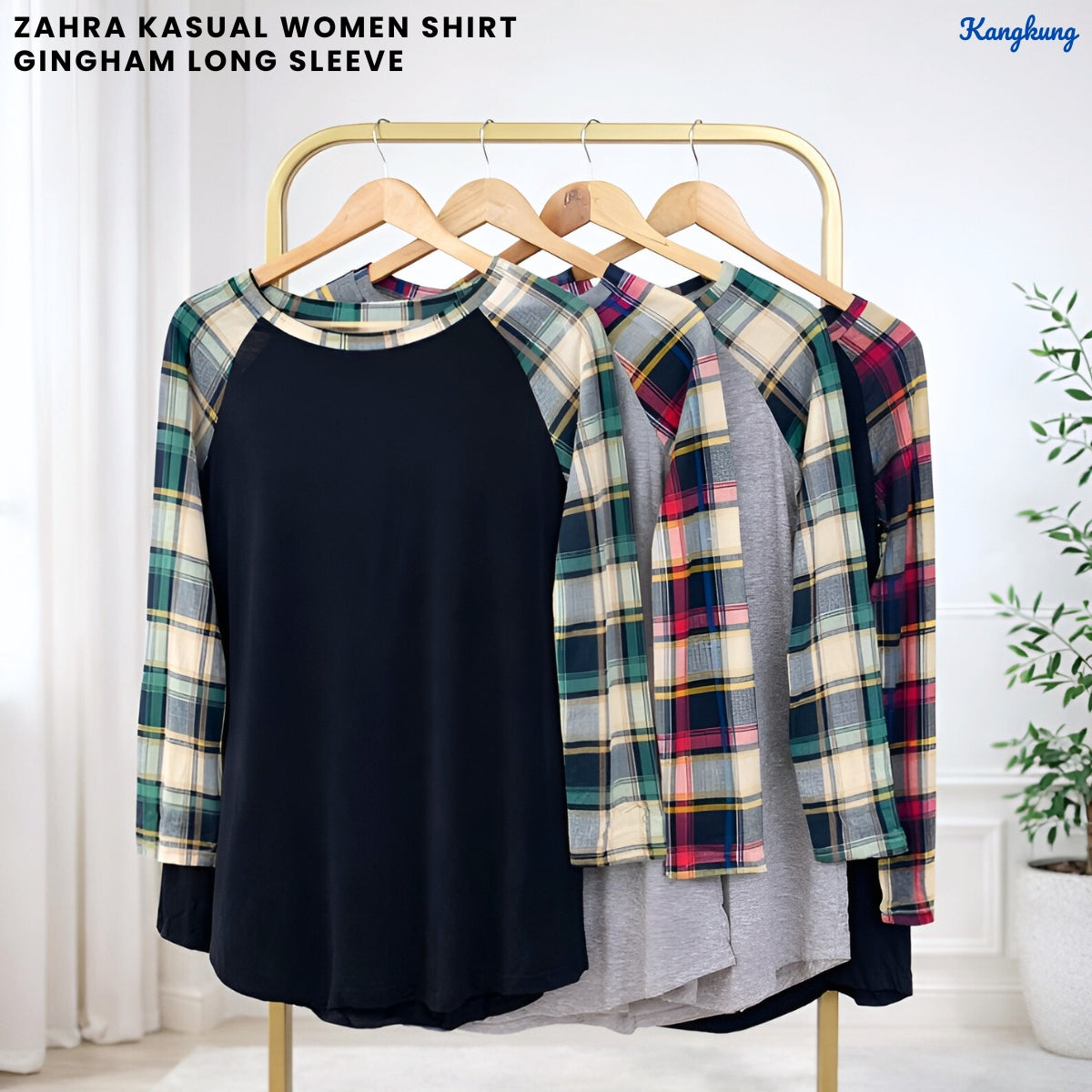 KANGKUNG ZAHRA KASUAL WOMEN GINGHAM SLEEVE SHIRT - C1025 (298)