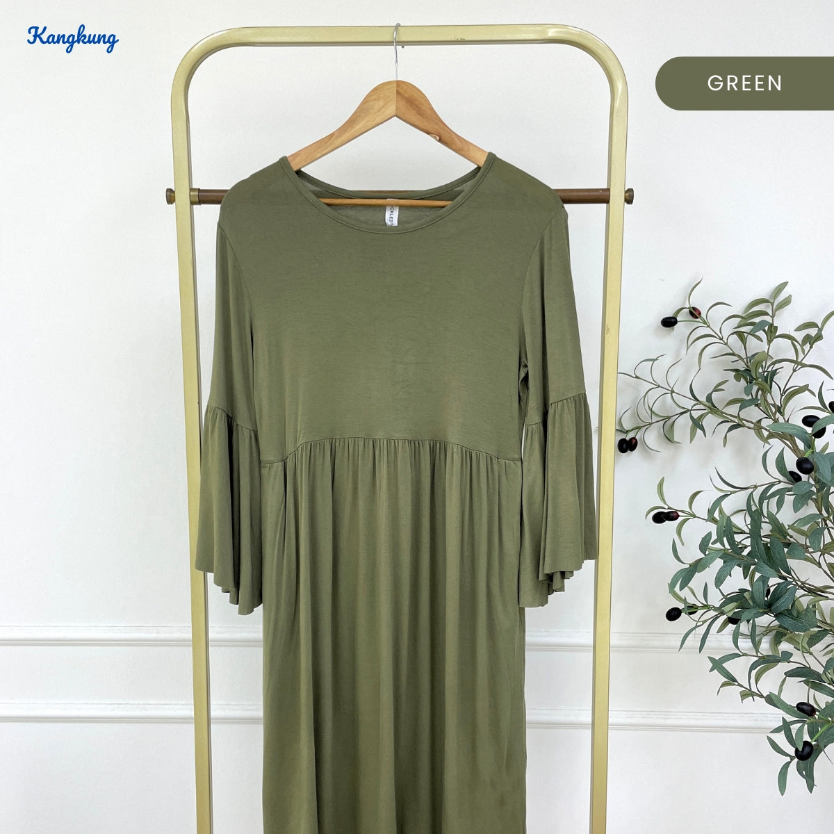 KANGKUNG UNNA WOMEN MIDI RUFFLE DRESS LONG SLEEVE - C1052