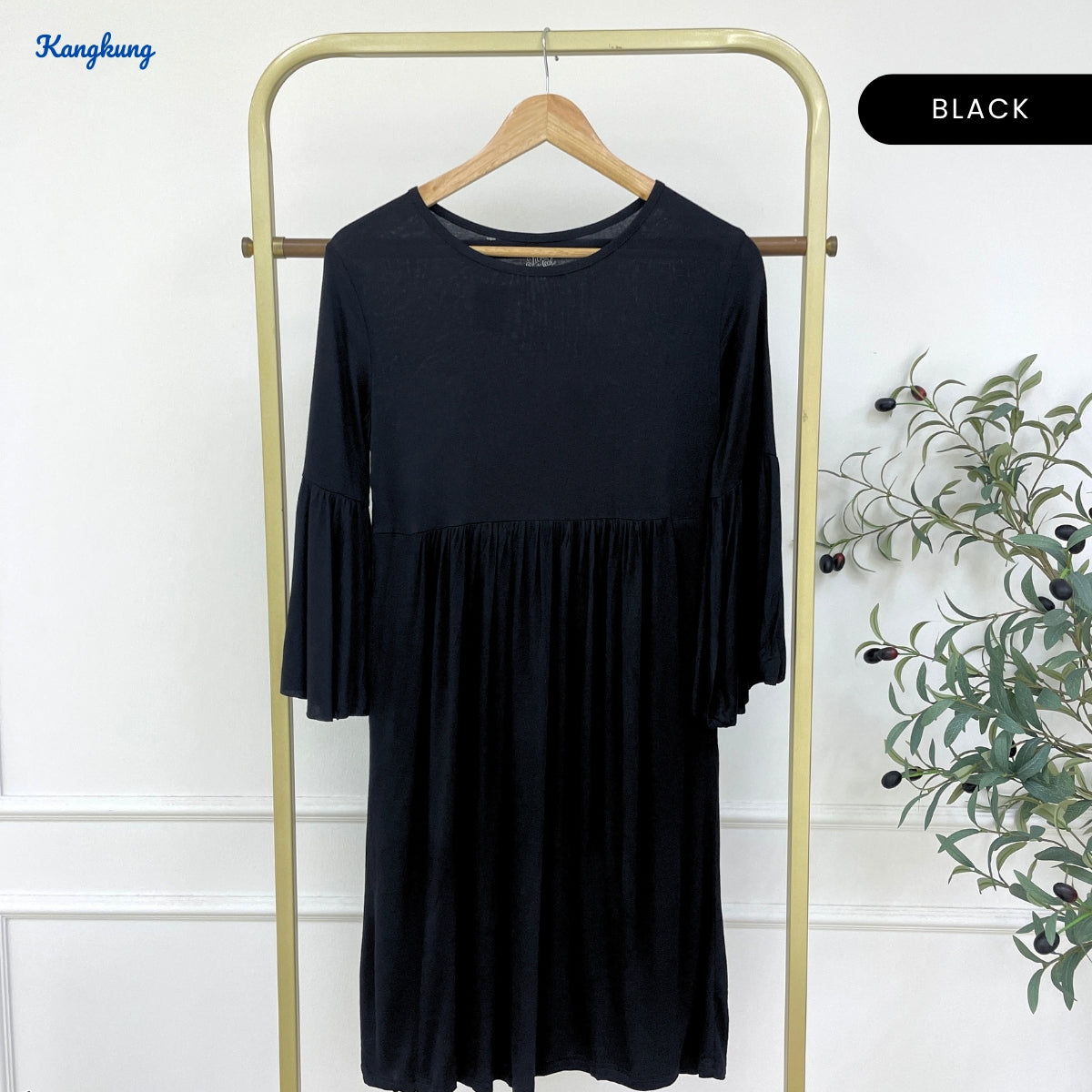 KANGKUNG UNNA WOMEN MIDI RUFFLE DRESS LONG SLEEVE - C1052