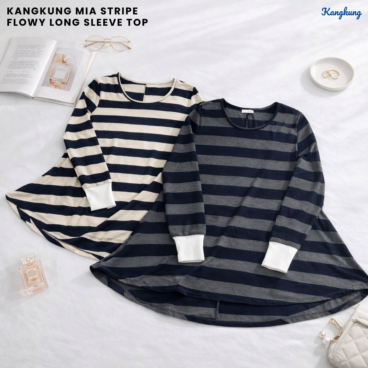 KANGKUNG MIA STRIPE FLOWY LONG SLEEVE TOP - C1063