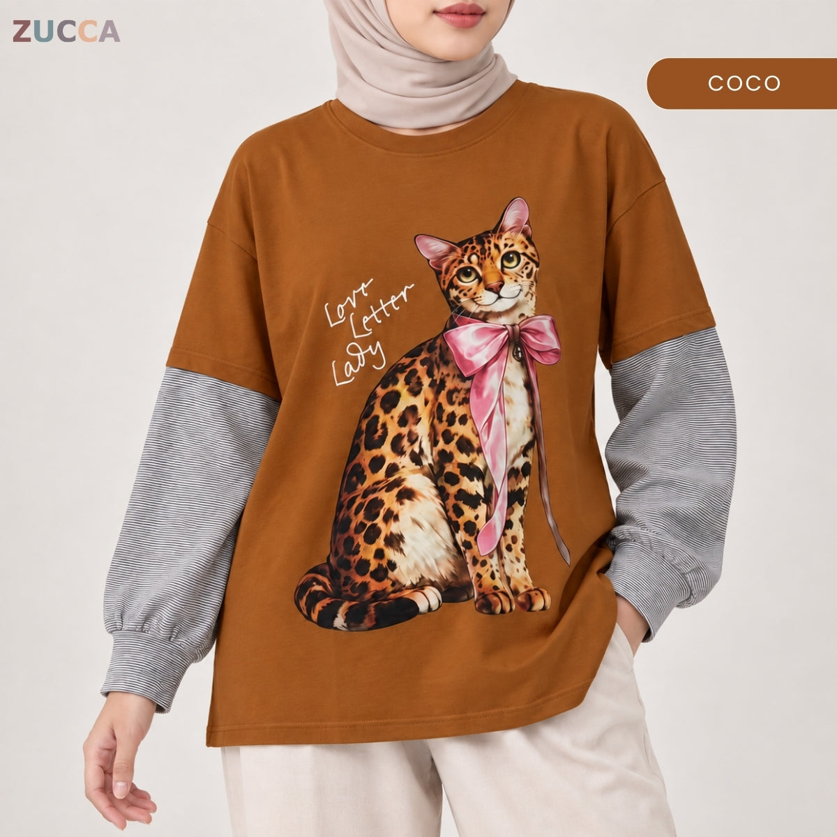 ZUCCA AULIA OVERSIZED LAYERED CAT GRAPHIC LONG SLEEVE TEE - MA255