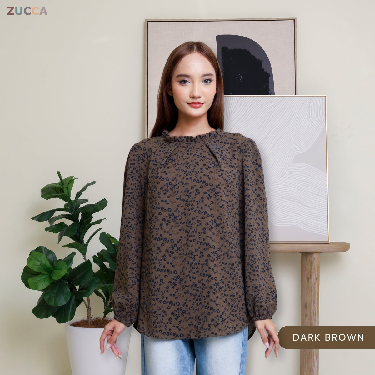 ZUCCA YULINA BLOUS WANITA BERCORAK FLORAL BERSERTA LEHER BERTINGKAT – DM094