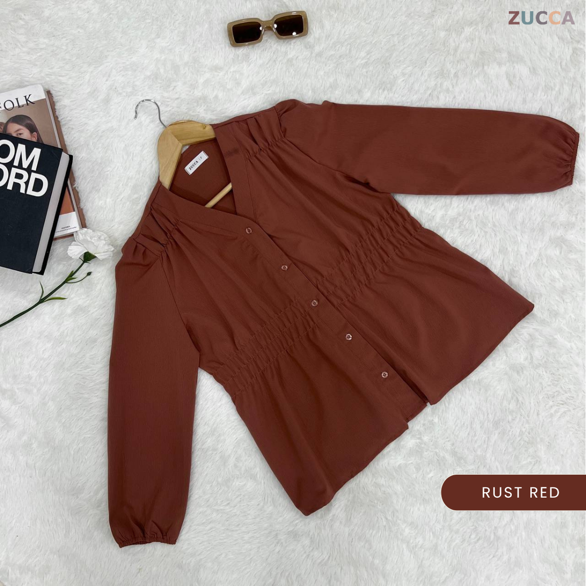 ZUCCA NOVARIA BLOUS WANITA LEHER V BERLIPAT DENGAN RIMPLES - DM075