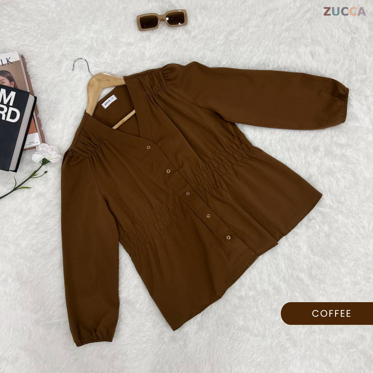 ZUCCA NOVARIA BLOUS WANITA LEHER V BERLIPAT DENGAN RIMPLES - DM075