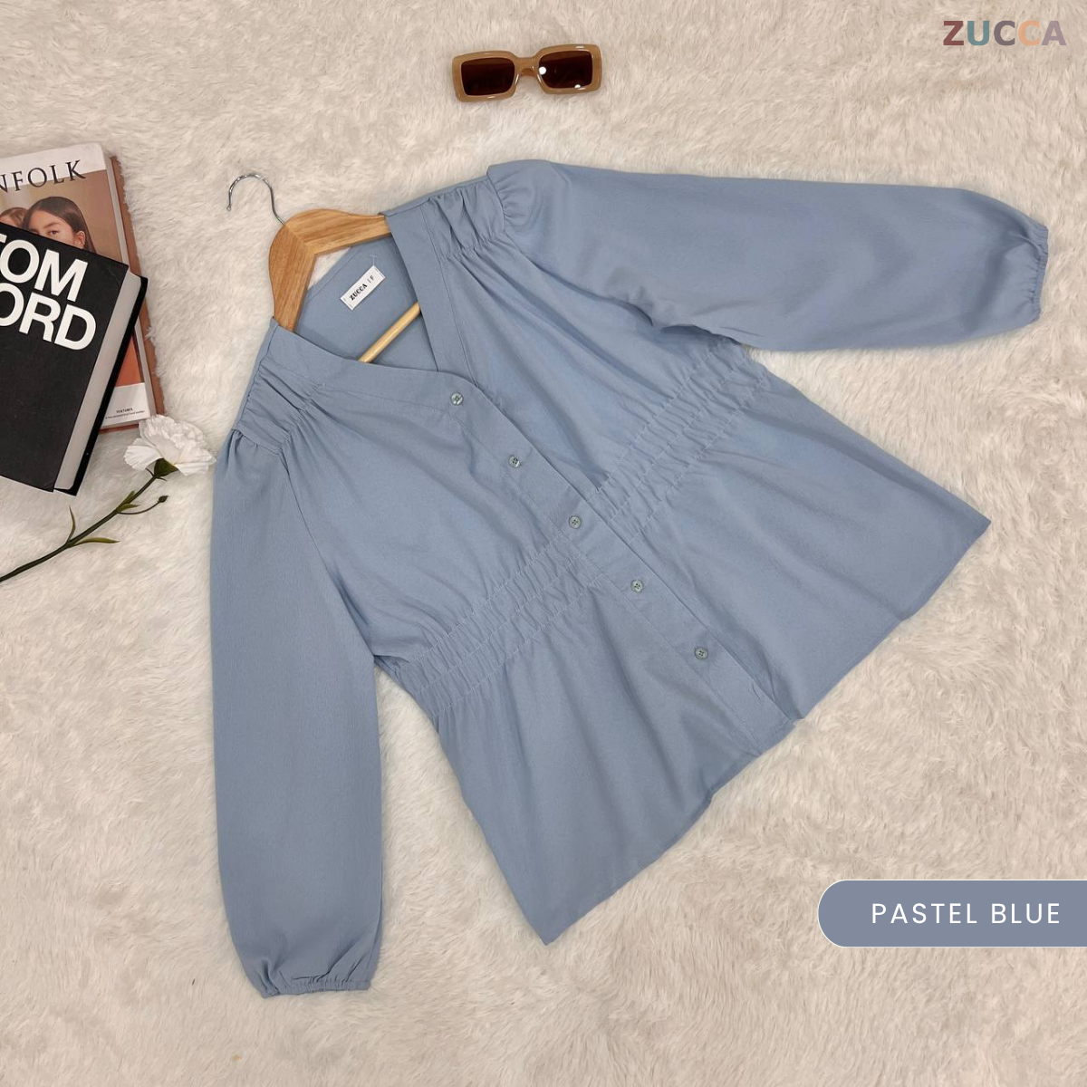 ZUCCA NOVARIA BLOUS WANITA LEHER V BERLIPAT DENGAN RIMPLES - DM075