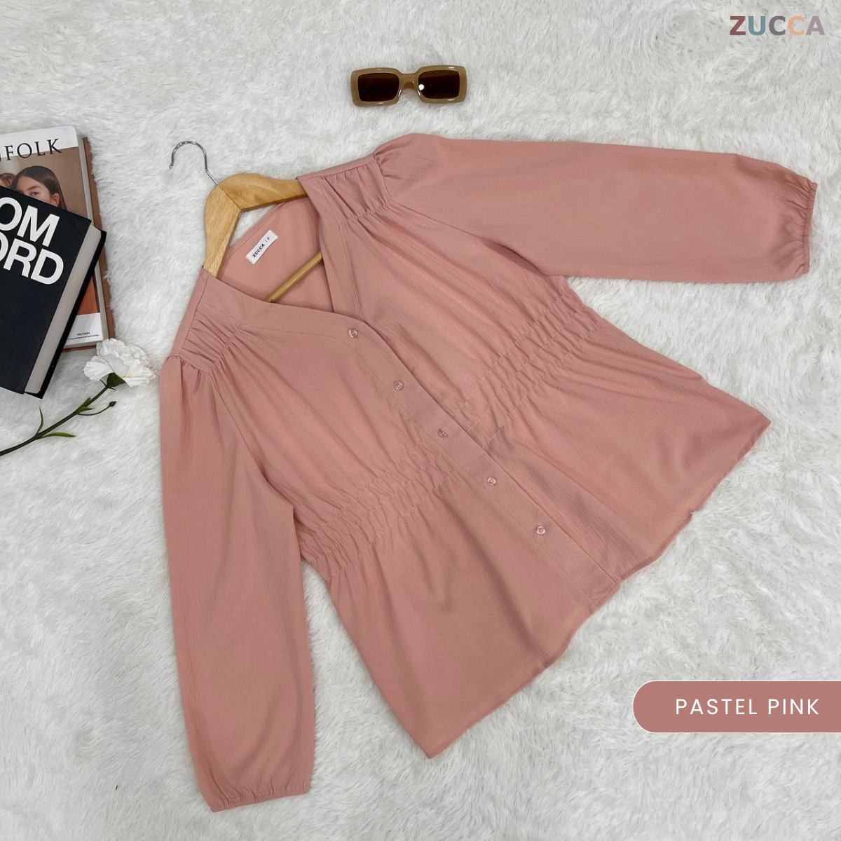 ZUCCA NOVARIA BLOUS WANITA LEHER V BERLIPAT DENGAN RIMPLES - DM075