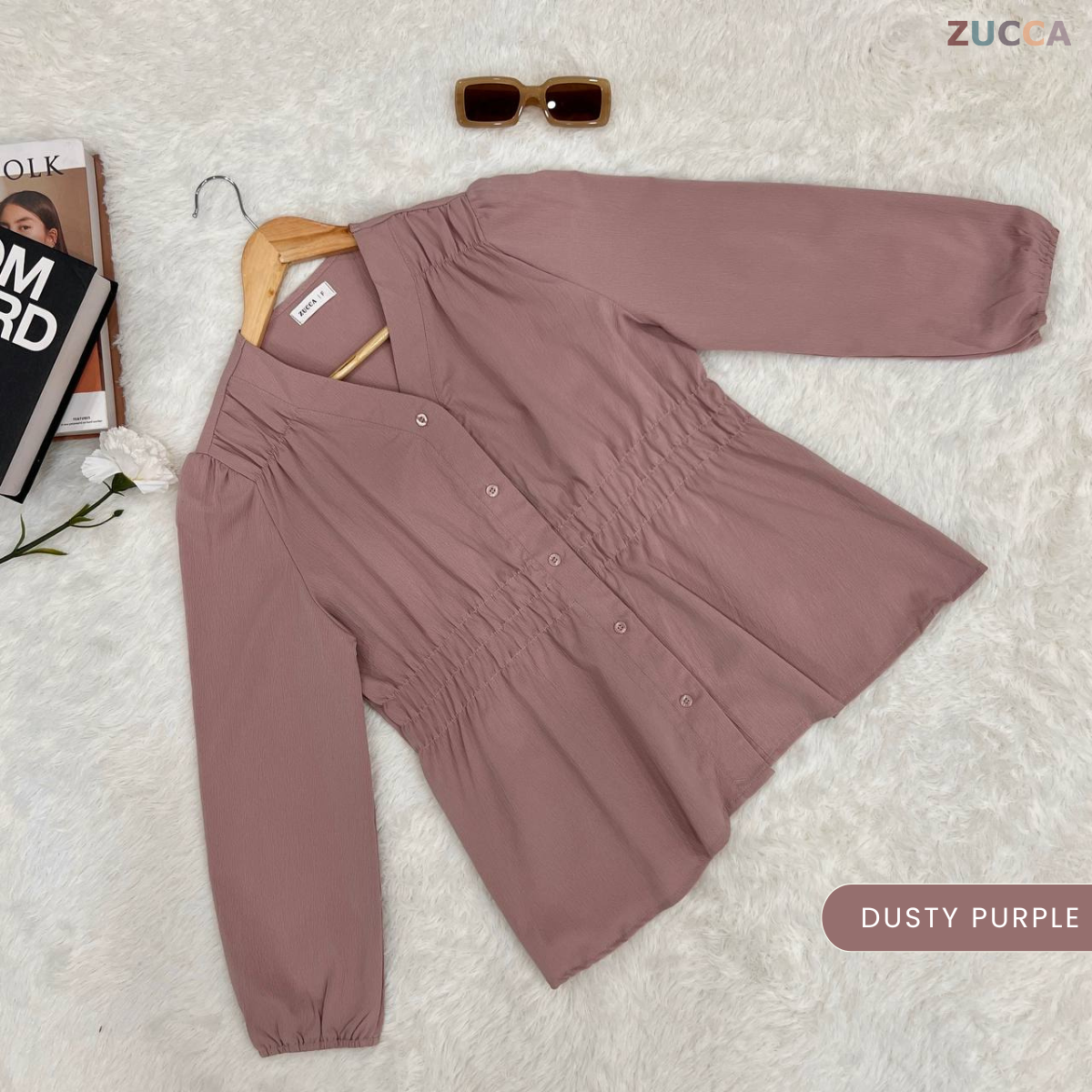 ZUCCA NOVARIA BLOUS WANITA LEHER V BERLIPAT DENGAN RIMPLES - DM075