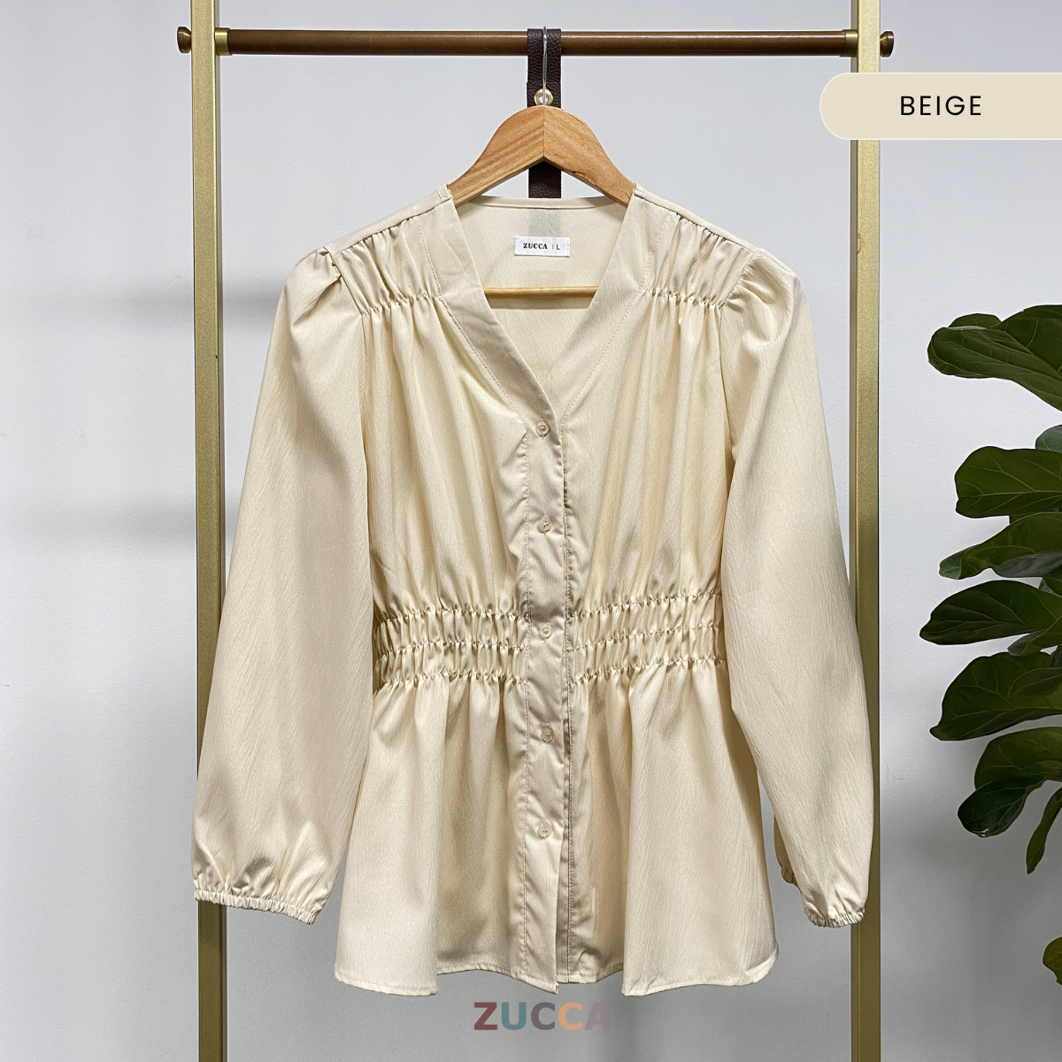 ZUCCA NOVARIA BLOUS WANITA LEHER V BERLIPAT DENGAN RIMPLES - DM075