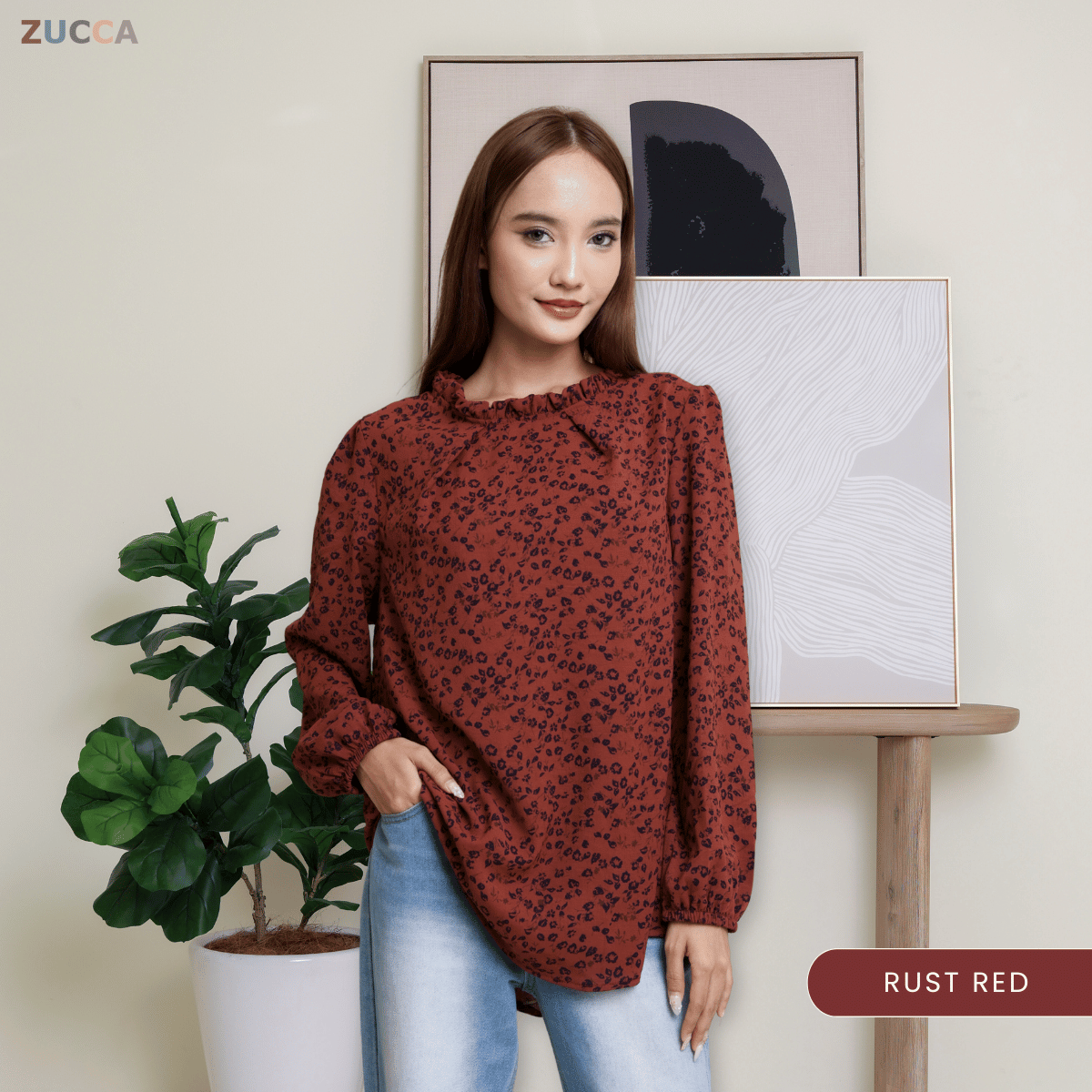 ZUCCA YULINA BLOUS WANITA BERCORAK FLORAL BERSERTA LEHER BERTINGKAT – DM094