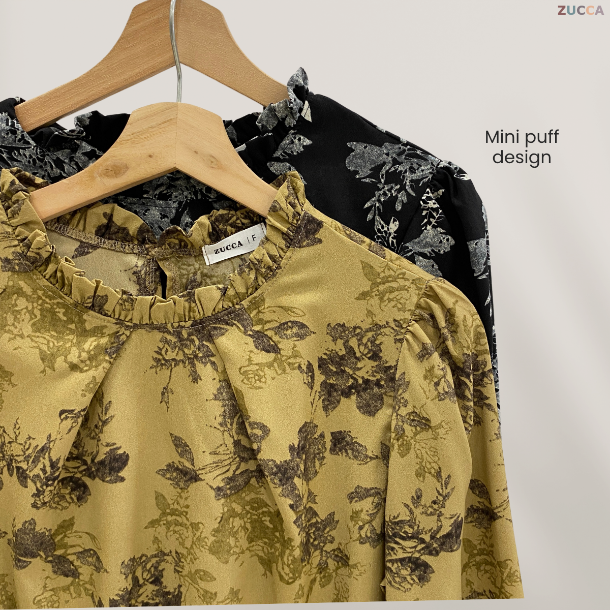 ZUCCA FAHIRA FLORAL RUFFLE NECK WOMEN BLOUSE - DM114 BAJU WANITA Cotton Button Long Sleeve Sleeve Muslimah