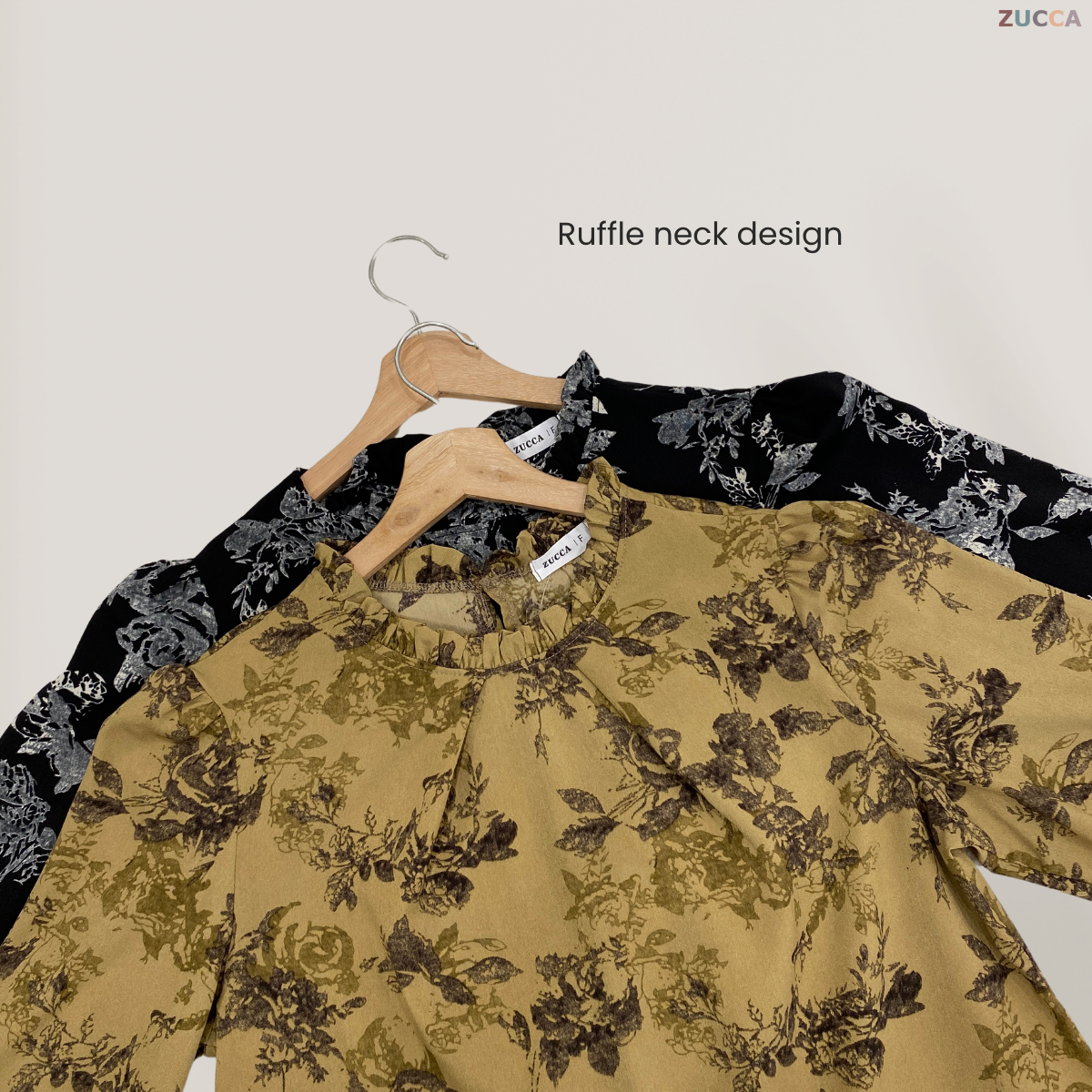 ZUCCA FAHIRA FLORAL RUFFLE NECK WOMEN BLOUSE - DM114 BAJU WANITA Cotton Button Long Sleeve Sleeve Muslimah