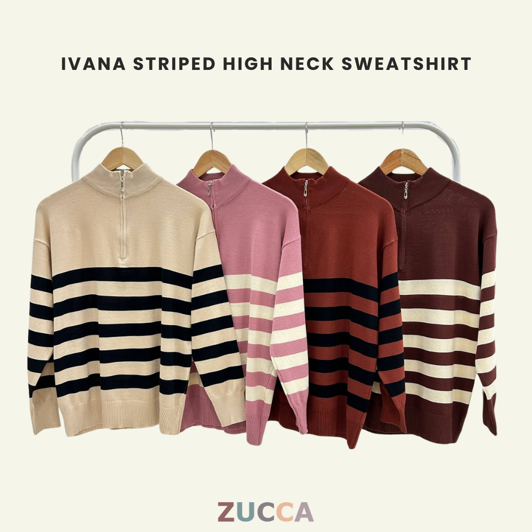 Ivana Striped High Neck Sweatshirt Half-Zipper - DM115