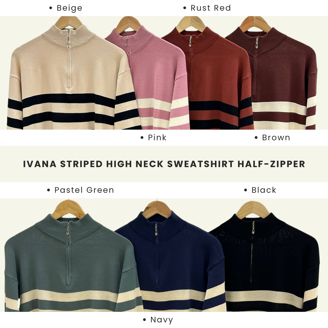 Ivana Striped High Neck Sweatshirt Half-Zipper - DM115