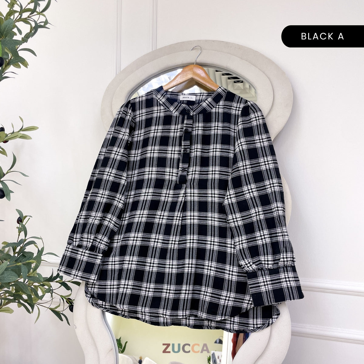 ZUCCA TASHA HALF BUTTON CHECKERED BLOUSE - DM130