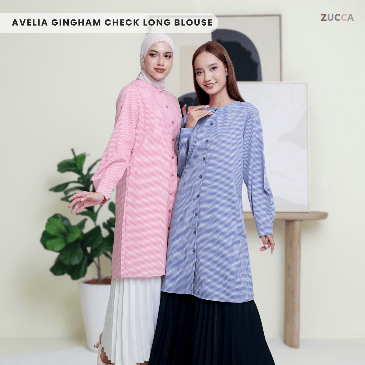 ZUCCA AVELIA GINGHAM CHECKER LONG BLOUSE - DM245 BAJU WANITA