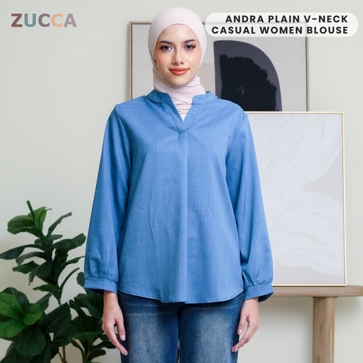 ZUCCA ANDRA KEMEJA KASUAL WANITA LEHER V TANPA CORAK - DM247