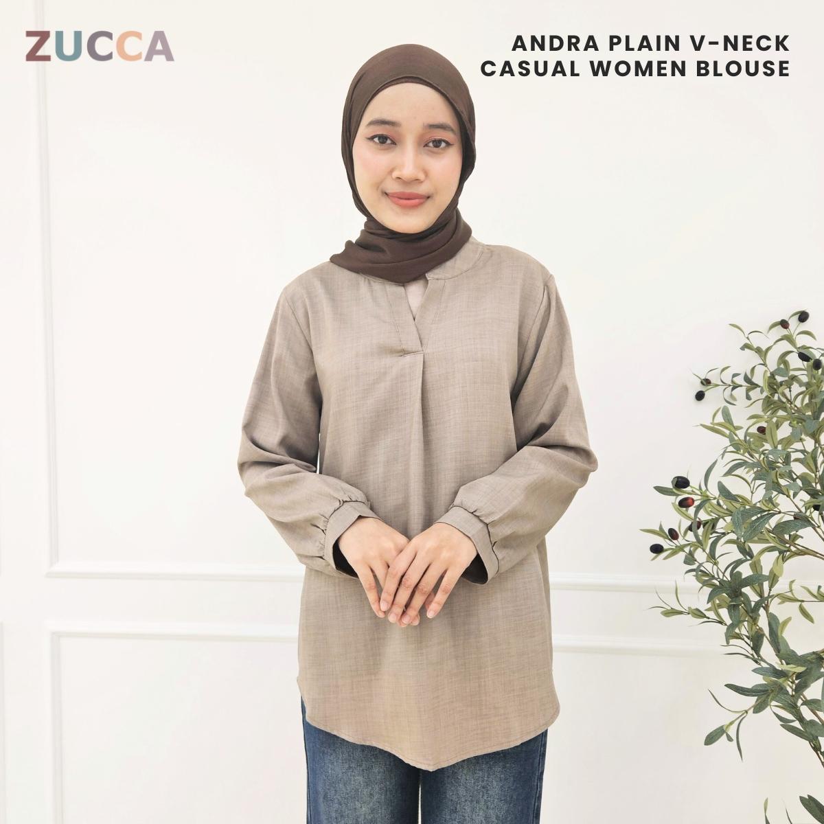 ZUCCA ANDRA KEMEJA KASUAL WANITA LEHER V TANPA CORAK - DM247