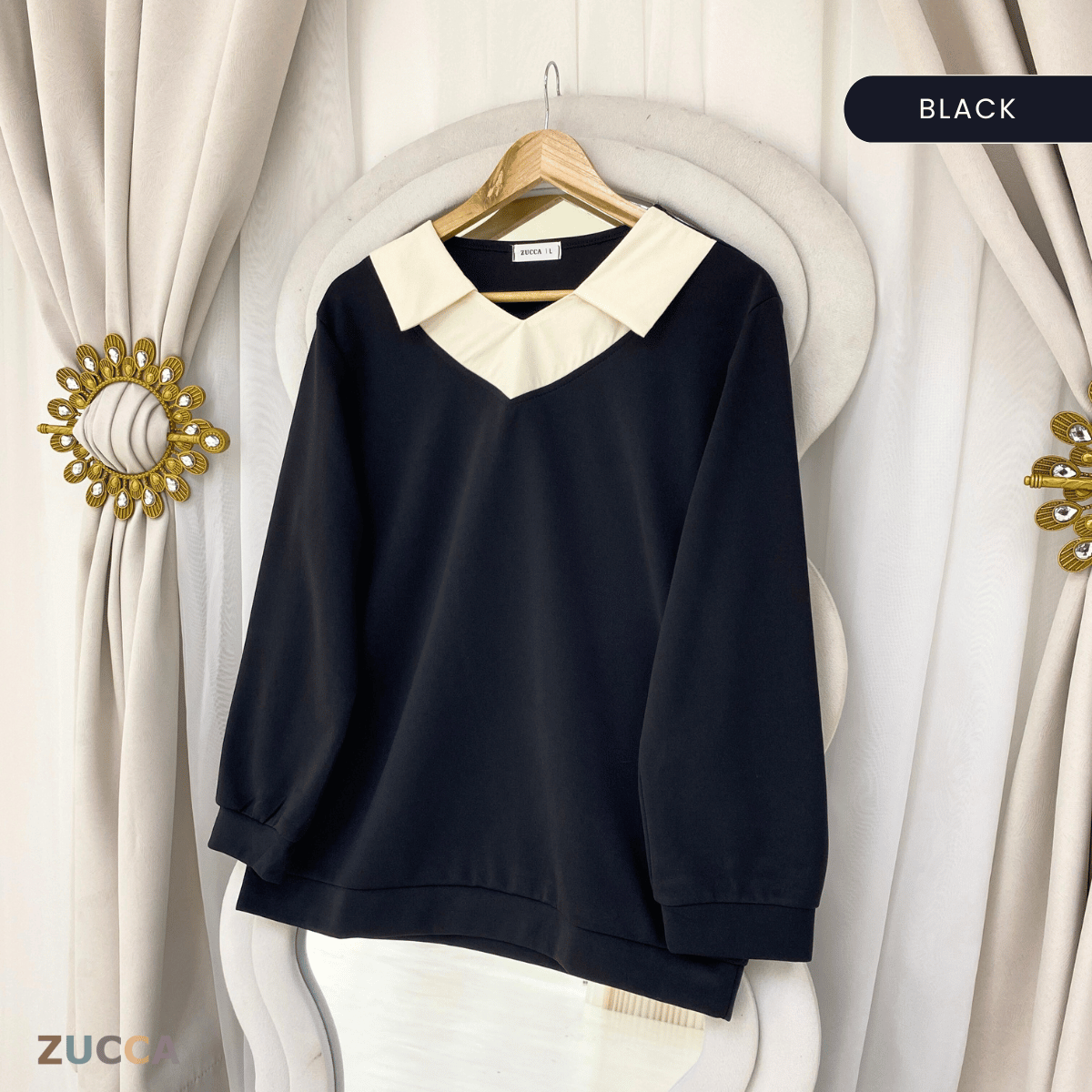 ZUCCA RUBY CONTRAST COLLAR LONG SLEEVE MODEST TOP-DM3205