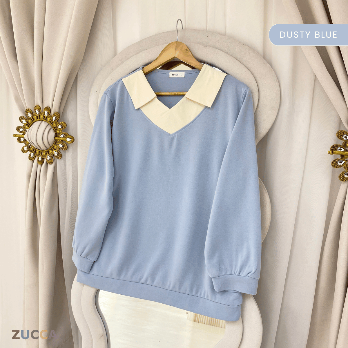 ZUCCA RUBY CONTRAST COLLAR LONG SLEEVE MODEST TOP-DM3205