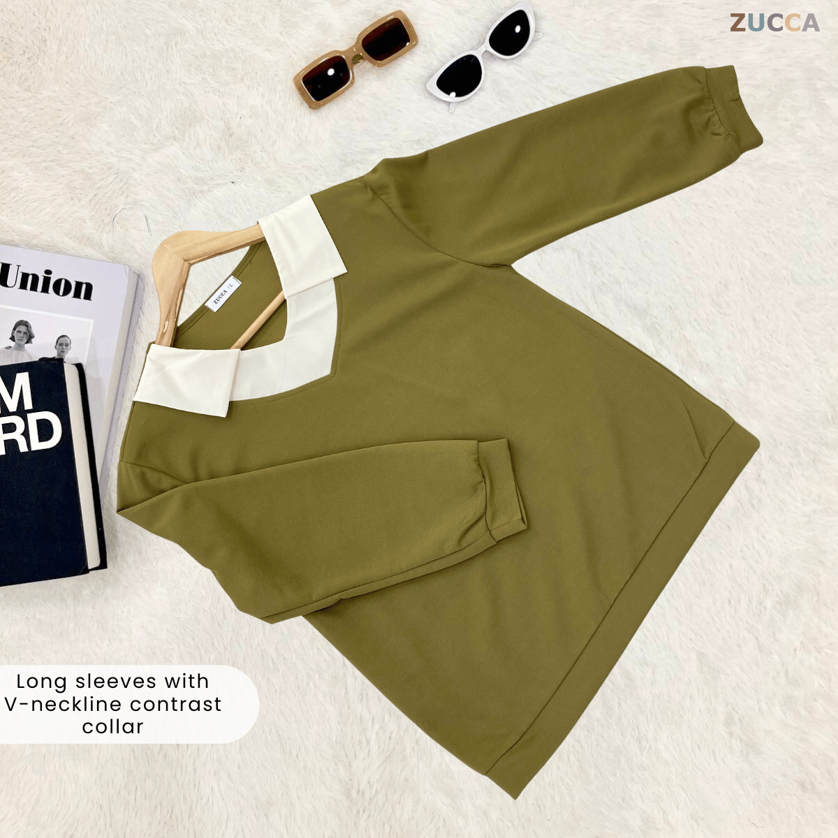 ZUCCA RUBY CONTRAST COLLAR LONG SLEEVE MODEST TOP-DM3205