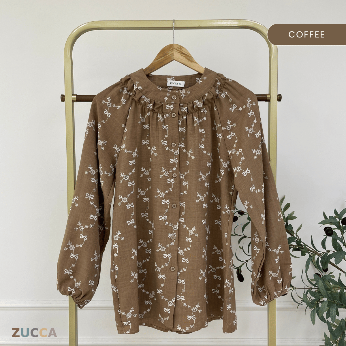 ZUCCA DELYRA EMBROIDERED RIBBON FLORAL MODEST BLOUSE - DM334