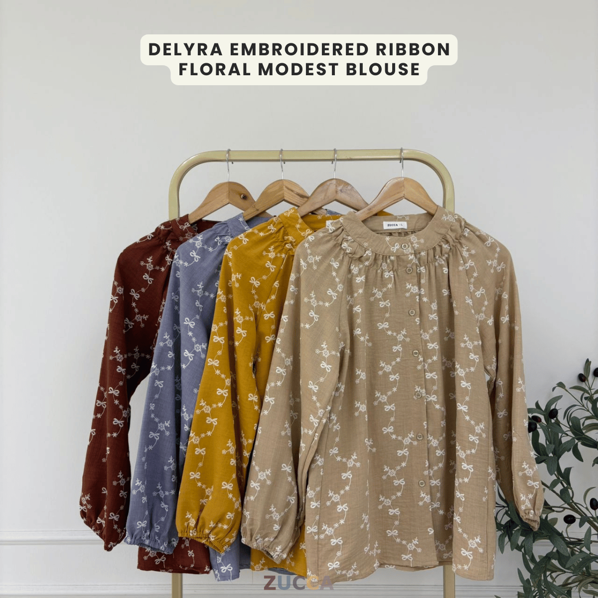 ZUCCA DELYRA EMBROIDERED RIBBON FLORAL MODEST BLOUSE - DM334