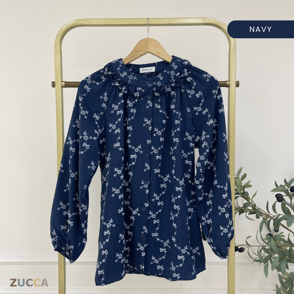 ZUCCA DELYRA EMBROIDERED RIBBON FLORAL MODEST BLOUSE - DM334