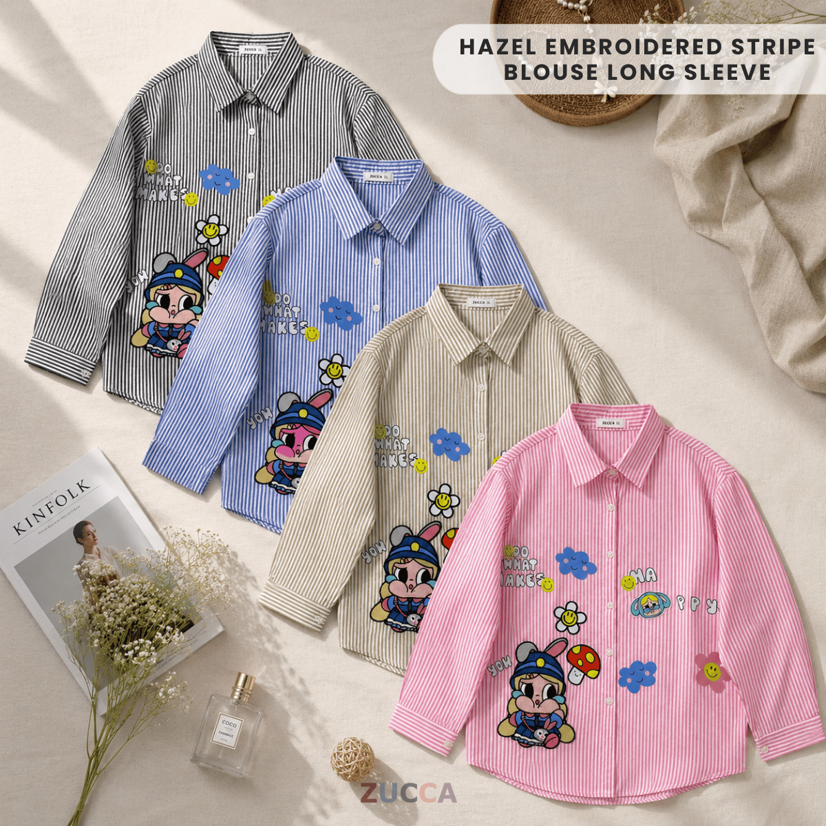 ZUCCA HAZEL EMBROIDERED STRIPE BLOUSE LONG SLEEVE - DM346