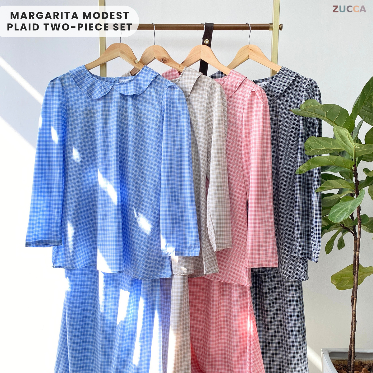 ZUCCA MARGARITA MODEST PLAID TWO-PIECE SET BLOUSE AND SKIRT - DMSET006