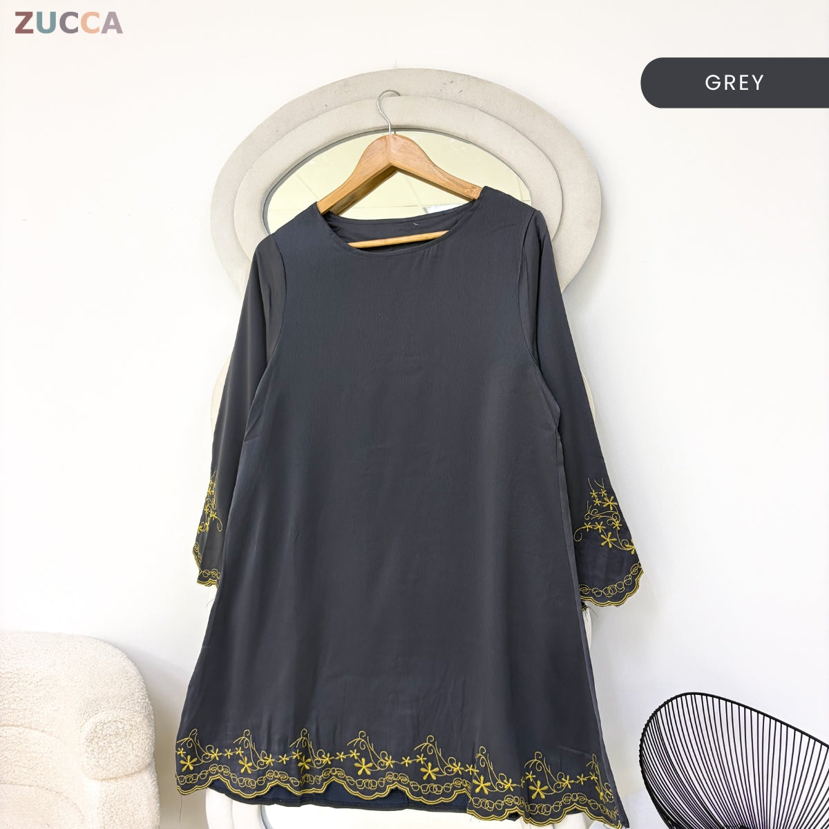 ZUCCA FAZILA EMBROIDERED SCALLOP MODEST LONG BLOUSE - GC005