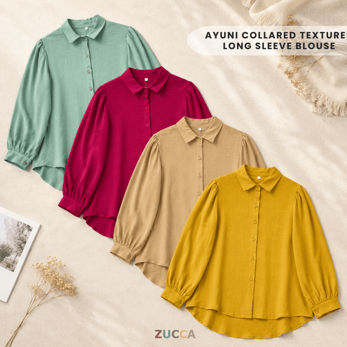 ZUCCA AYUNI COLLARED TEXTURED LONG SLEEVE BLOUSE-GC030(KS408-20B)