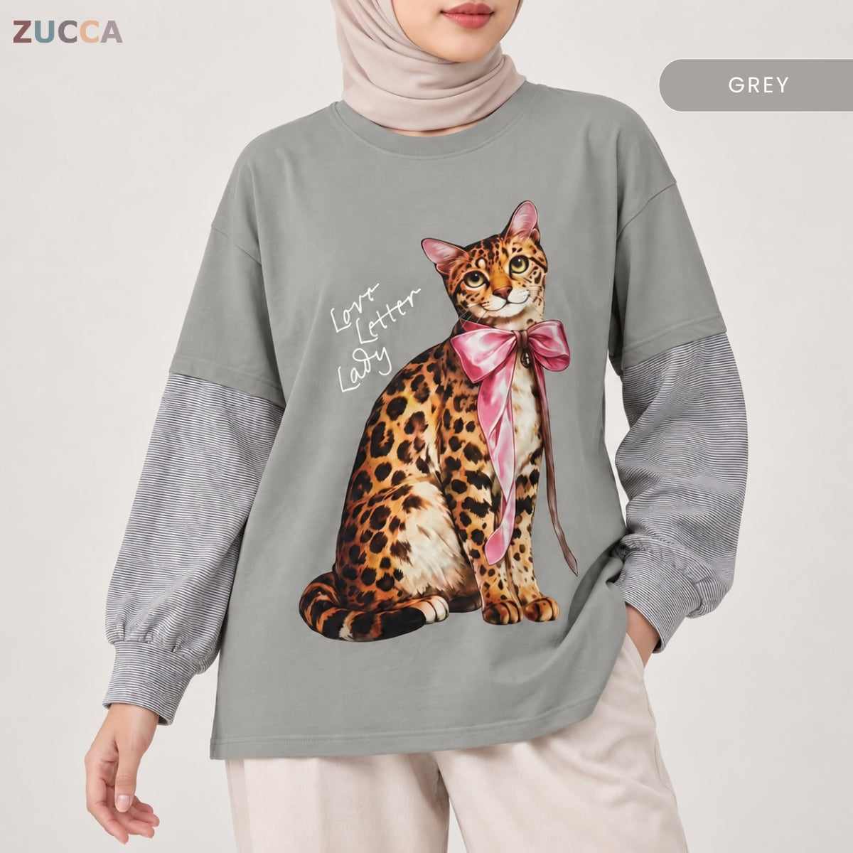 ZUCCA AULIA OVERSIZED LAYERED CAT GRAPHIC LONG SLEEVE TEE - MA255