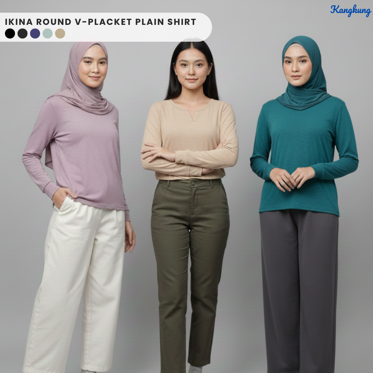 KANGKUNG IKINA KEMEJA KASUAL LEHER V-BULAT - KK120 BAJU WANITA