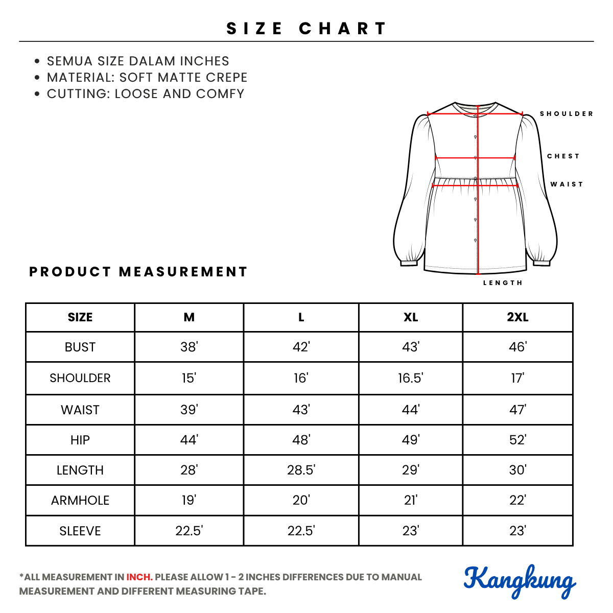 KANGKUNG MUNA KASUAL WOMEN PLAIN BLOUSE LONG SLEEVE - KK121