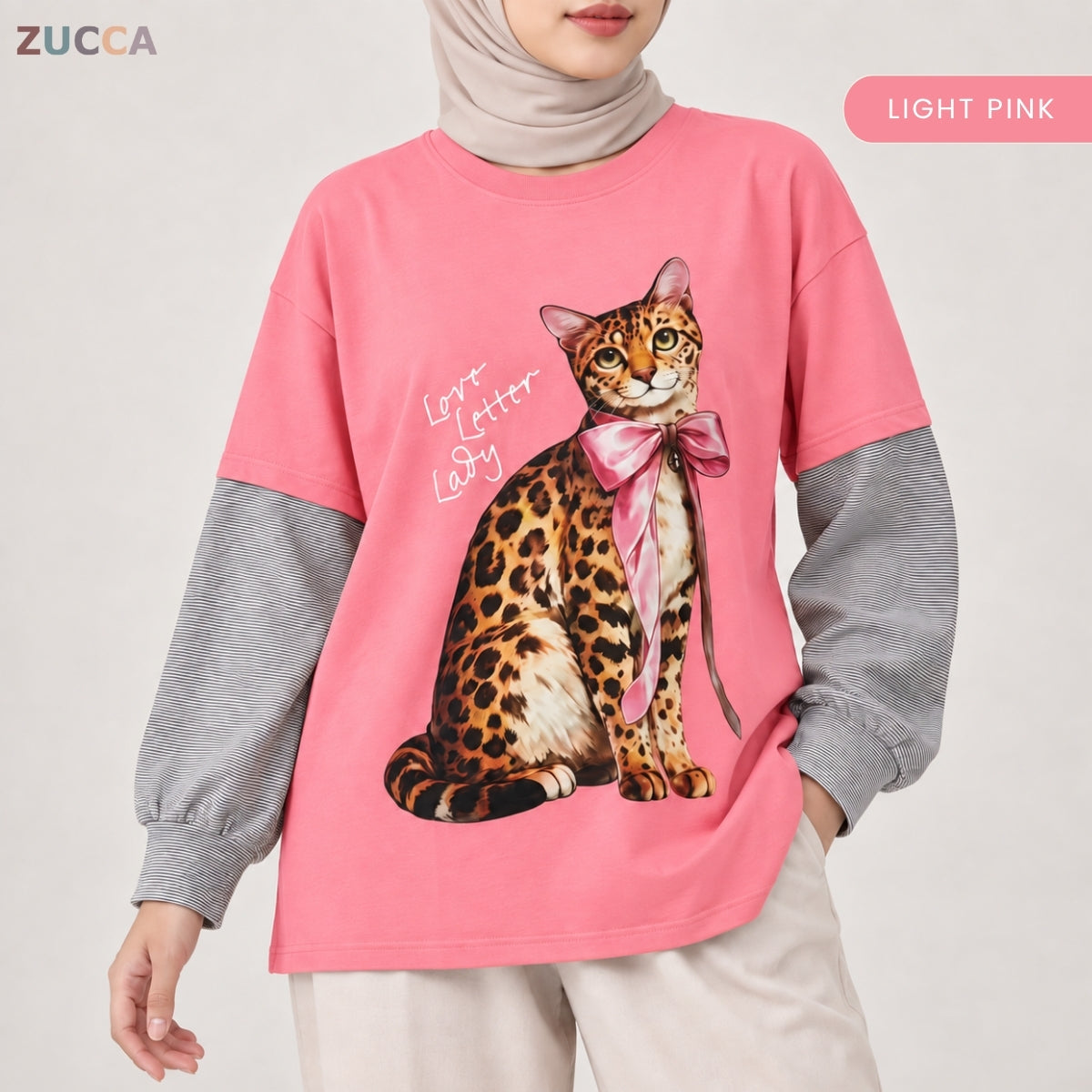 ZUCCA AULIA OVERSIZED LAYERED CAT GRAPHIC LONG SLEEVE TEE - MA255