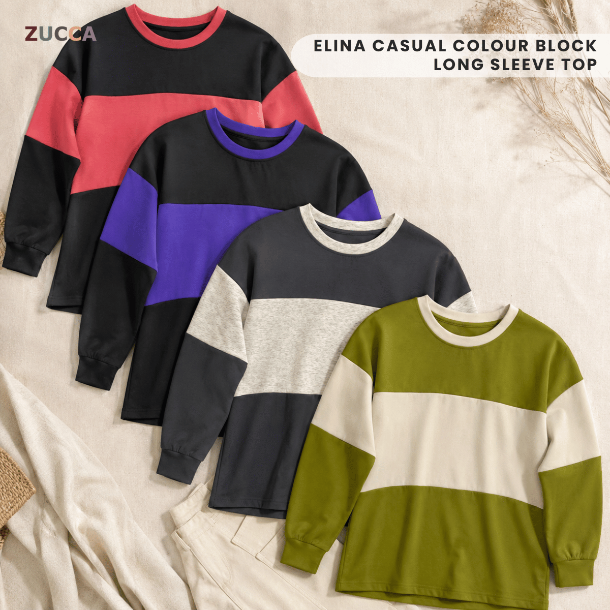 ZUCCA ELINA CASUAL COLOUR BLOCK LONG SLEEVE TOP - MA087