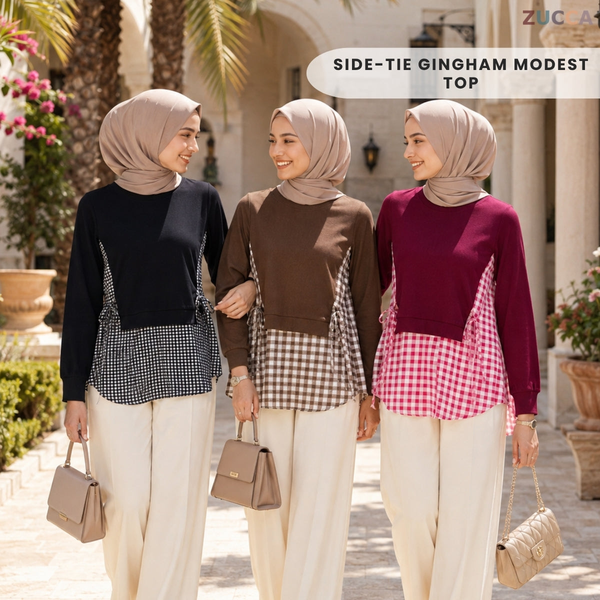 ZUCCA UQASHA SIDE-TIE GINGHAM MODEST TOP - MA128