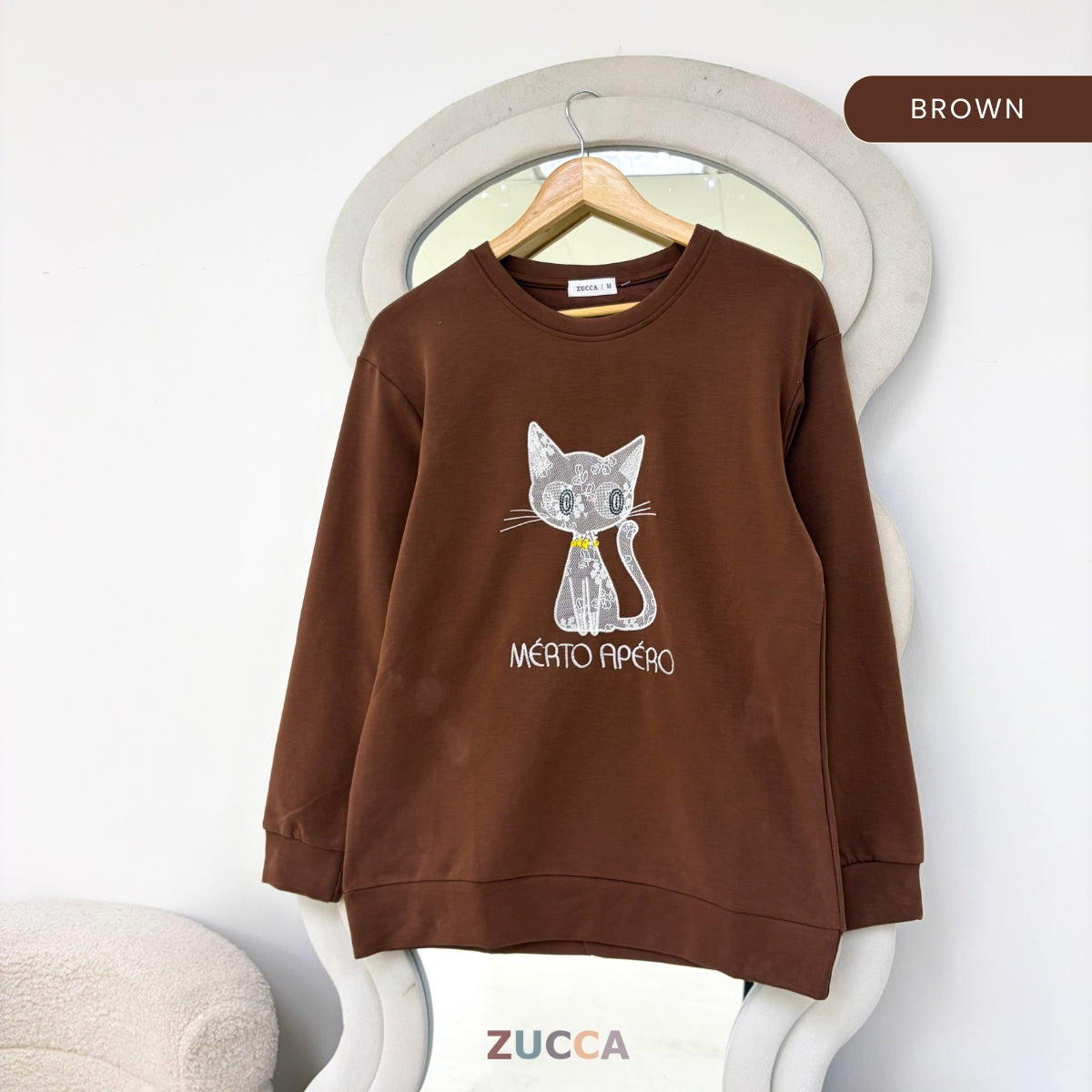 ZUCCA LAVEENA MINIMAL CAT EMBROIDERY COZY SWEATSHIRT - MA151