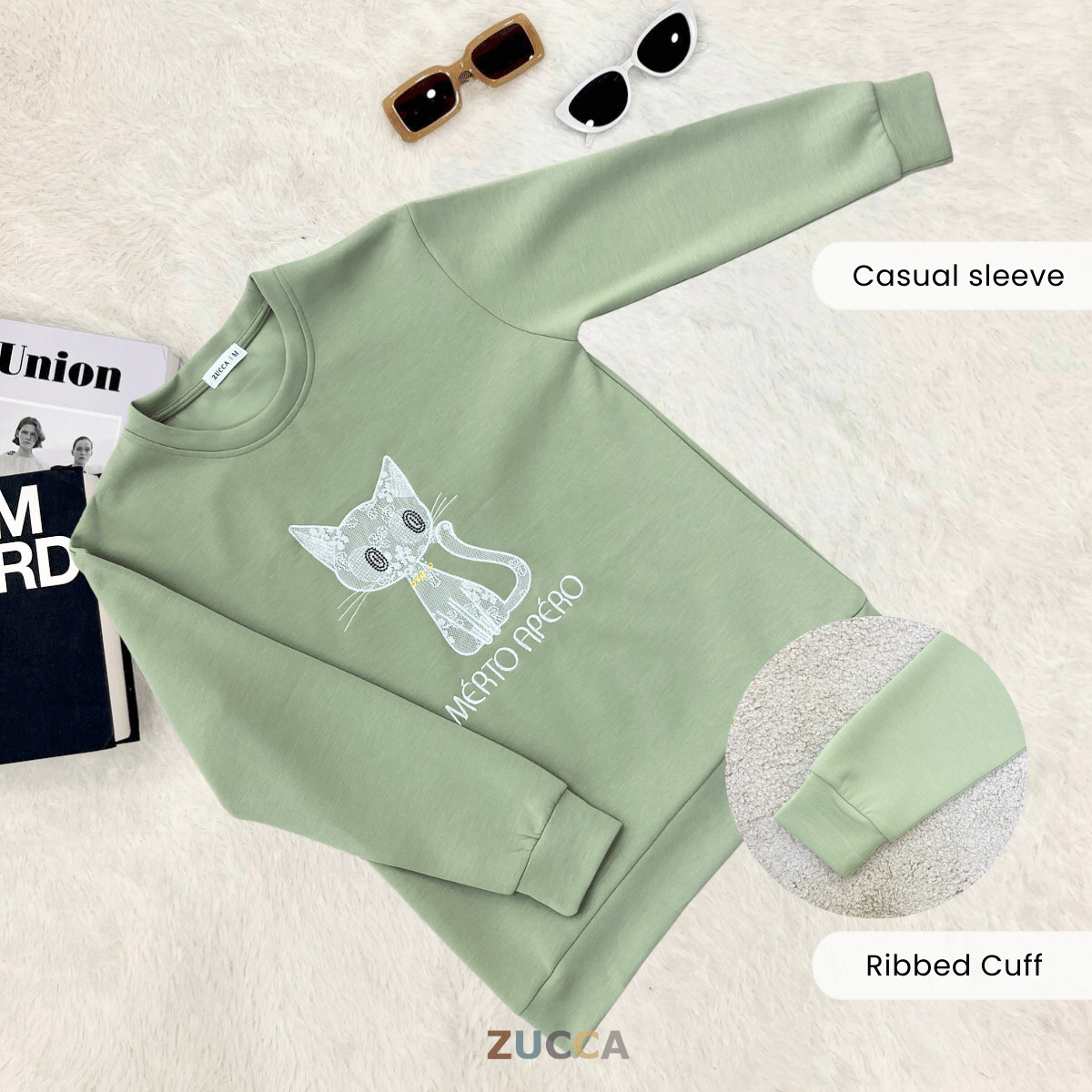 ZUCCA LAVEENA MINIMAL CAT EMBROIDERY COZY SWEATSHIRT - MA151