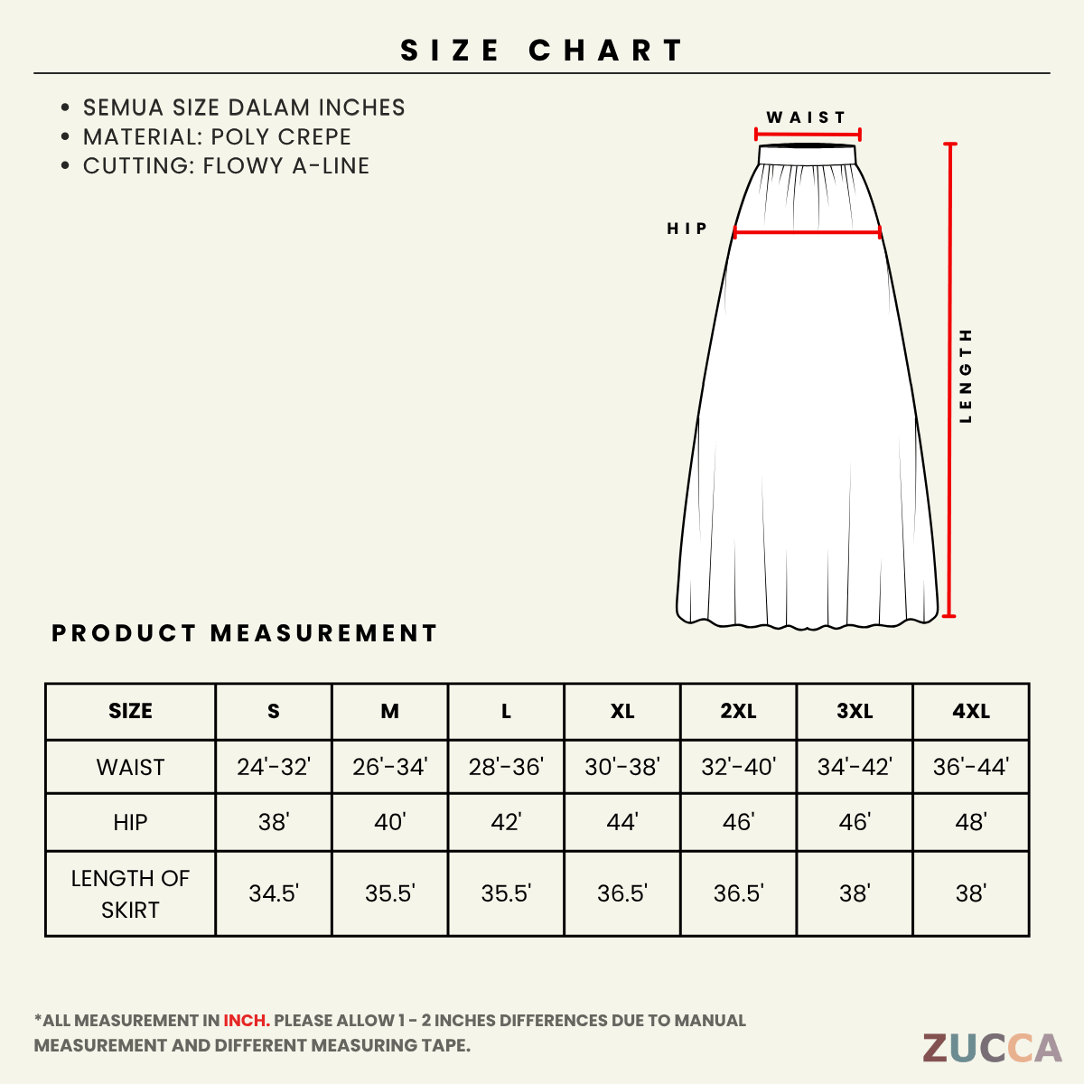 ZUCCA FAZINA FLOWY A-LINE SKIRT MODEST WEAR ESSENTIAL - MA175