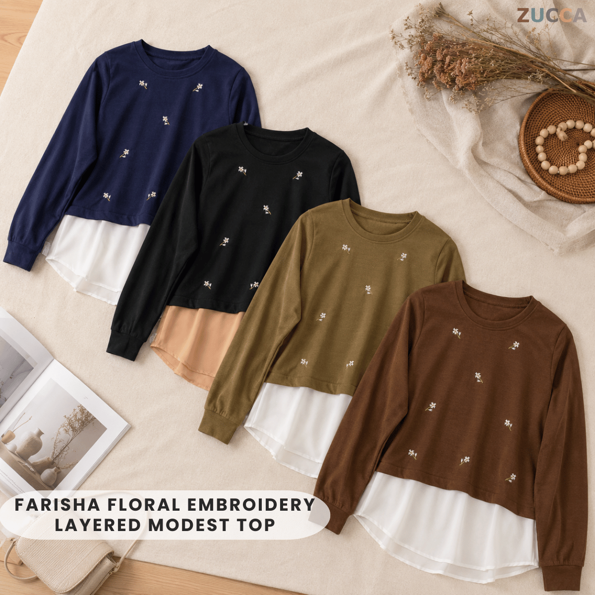 ZUCCA FARISHA FLORAL EMBROIDERY LAYERED MODEST BLOUSE- MA179 (GN272)