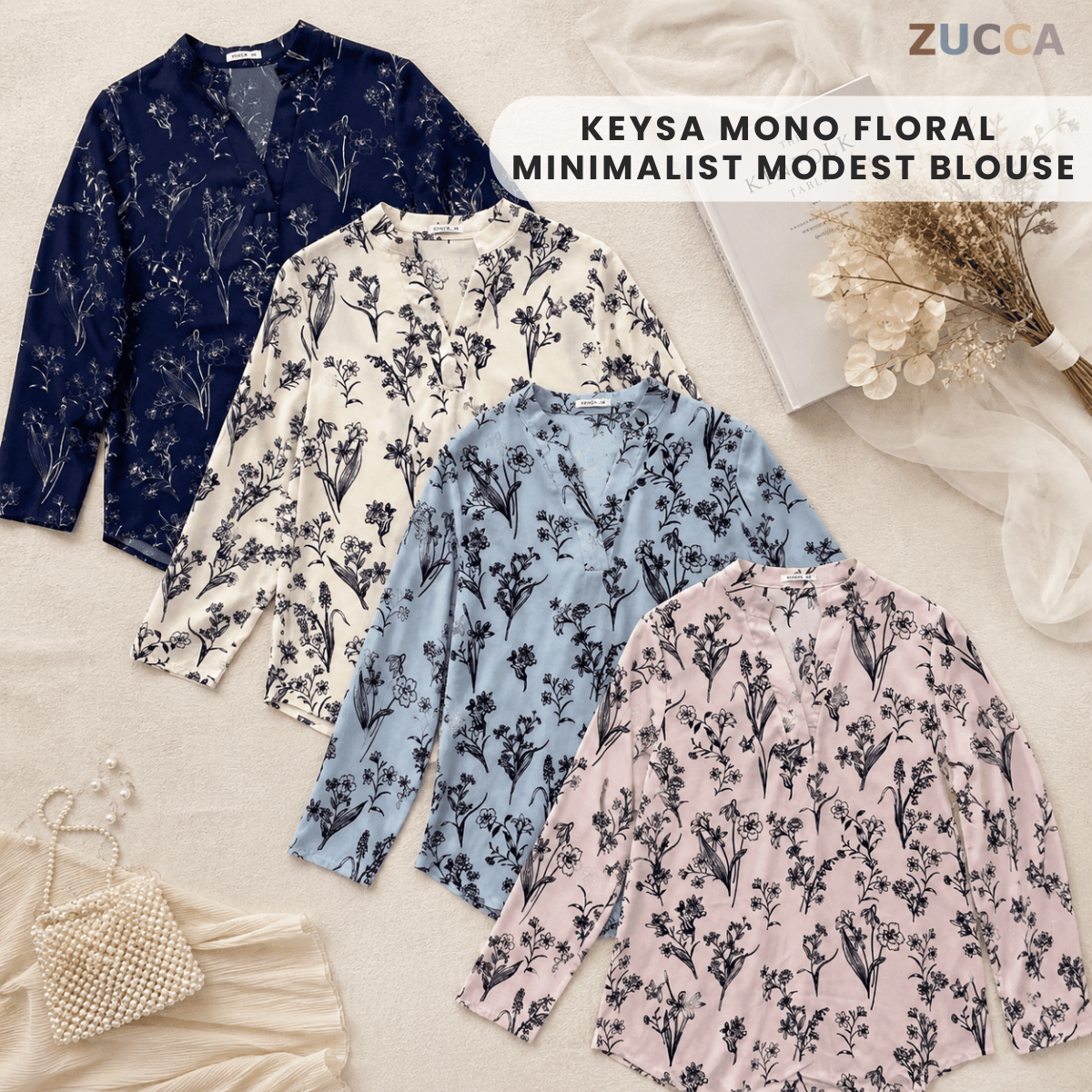 ZUCCA KEYSA MONO FLORAL MINIMALIST MODEST BLOUSE - MA182 (BT303)