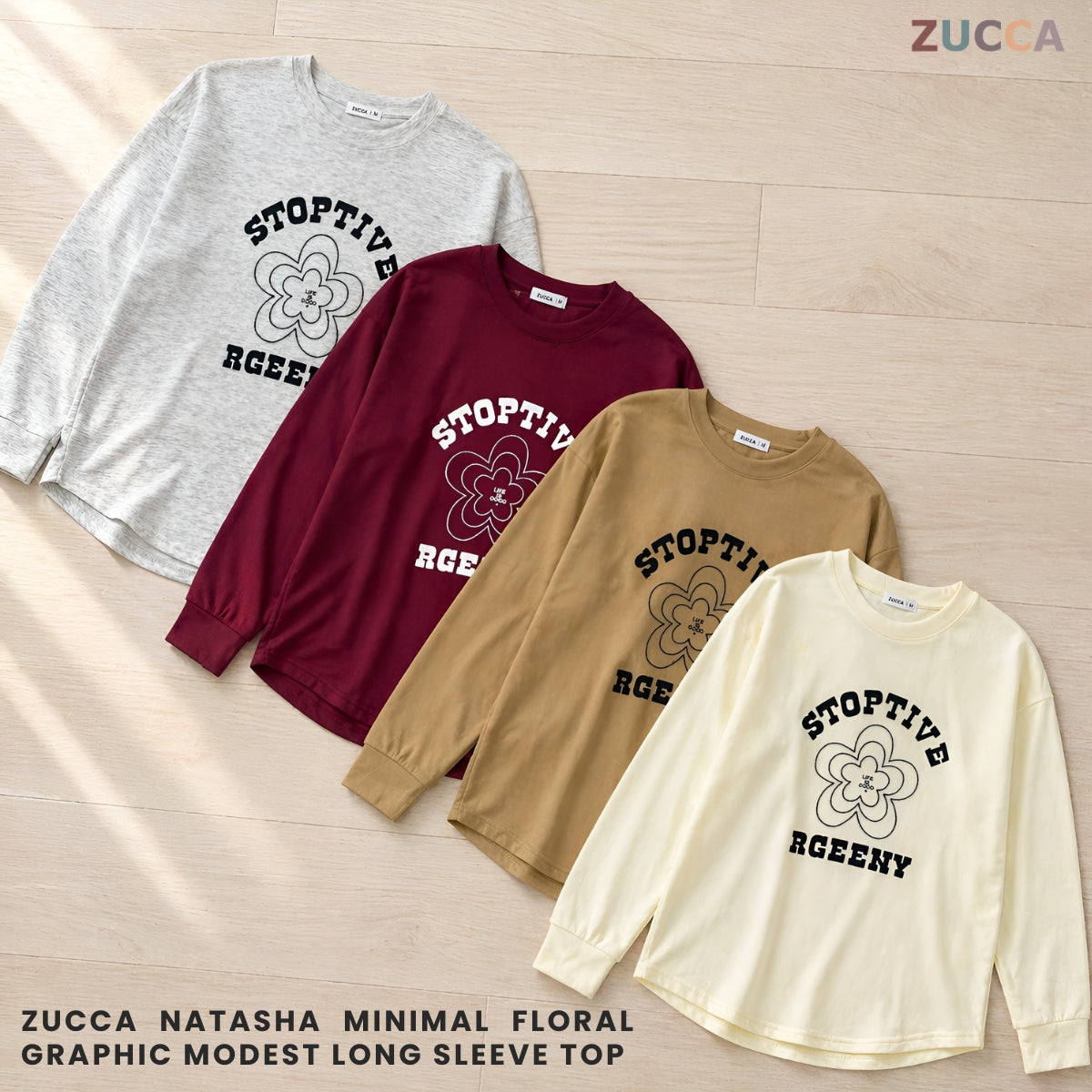 ZUCCA NATASHA MINIMAL FLORAL GRAPHIC MODEST LONG SLEEVE TOP - MA188