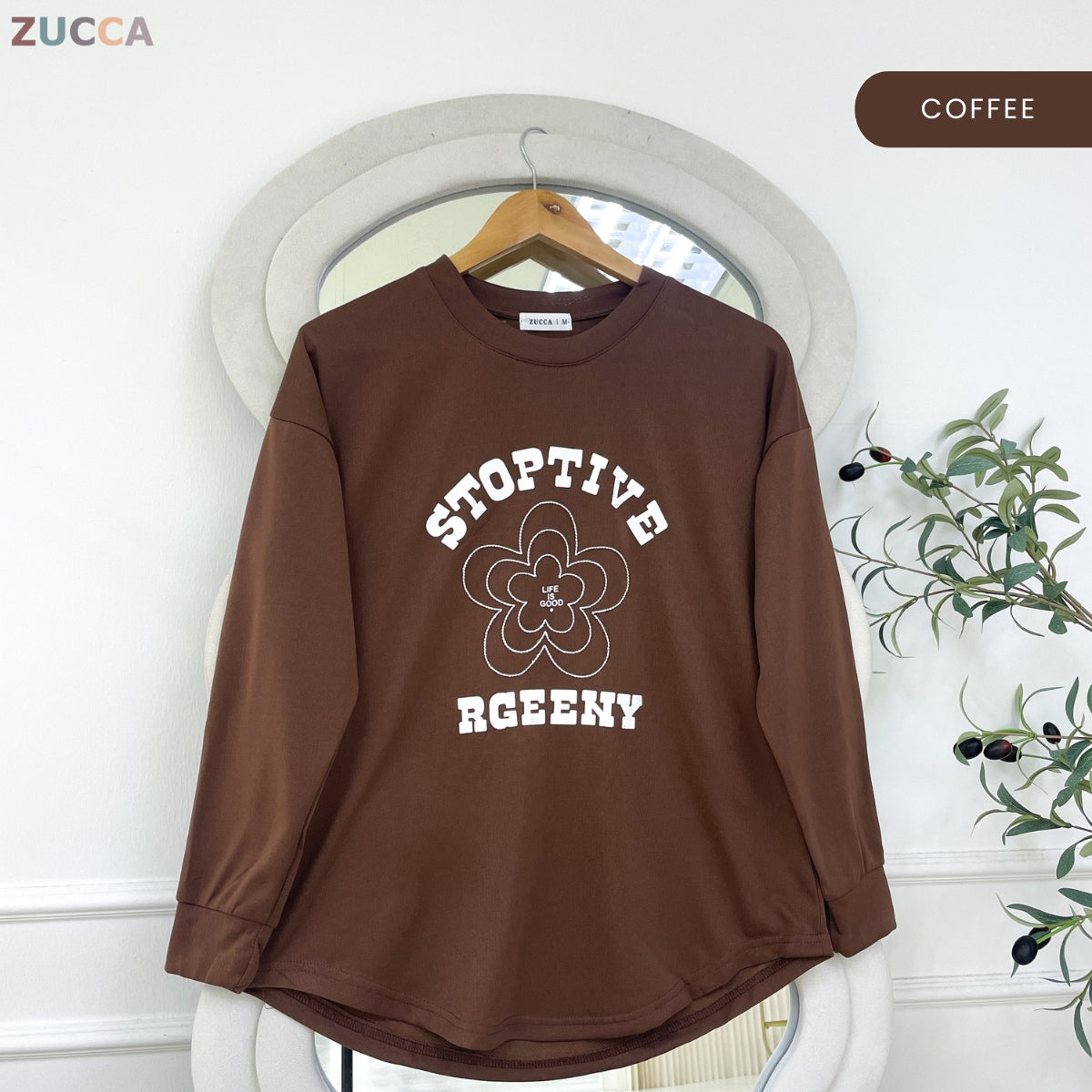 ZUCCA NATASHA MINIMAL FLORAL GRAPHIC MODEST LONG SLEEVE TOP - MA188