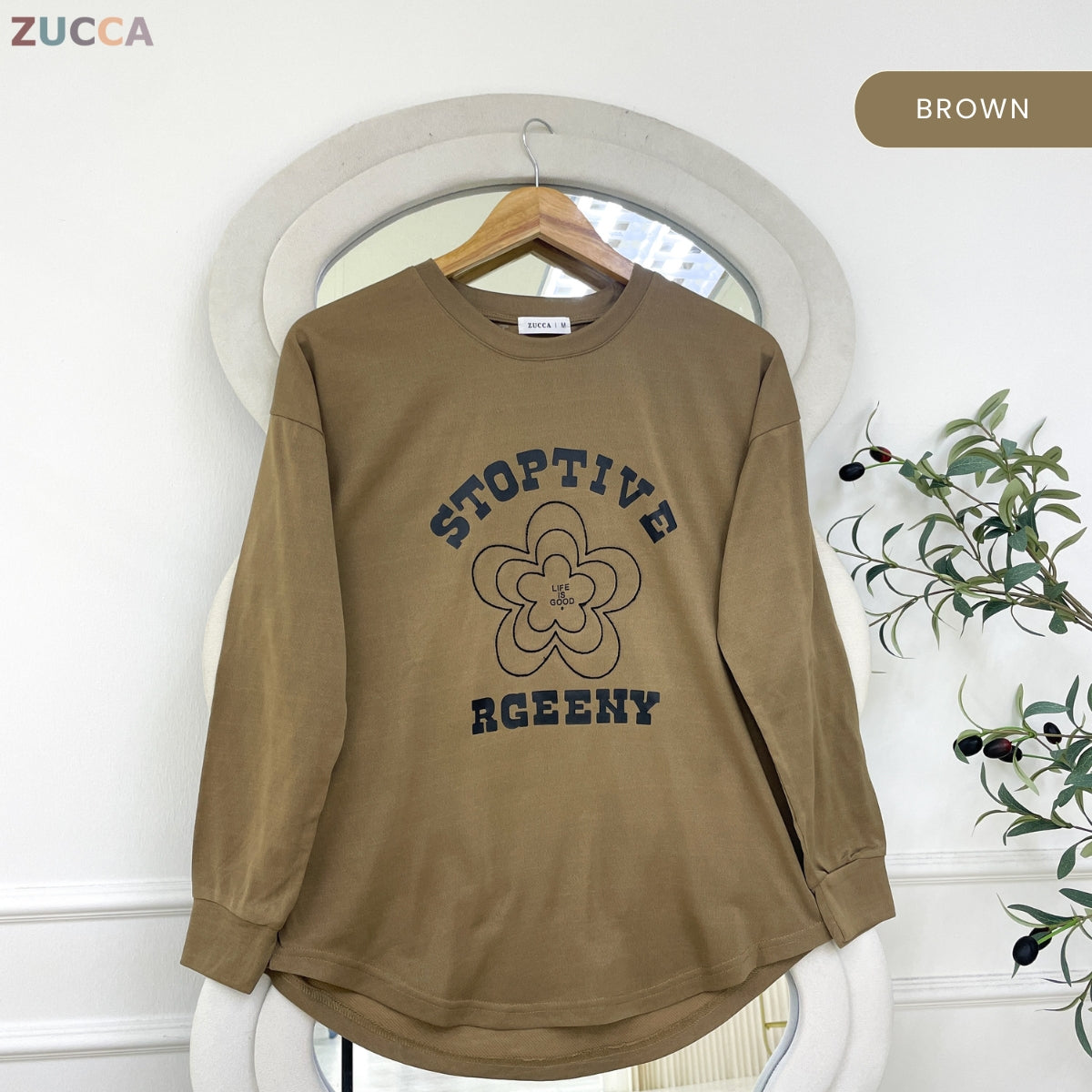 ZUCCA NATASHA MINIMAL FLORAL GRAPHIC MODEST LONG SLEEVE TOP - MA188