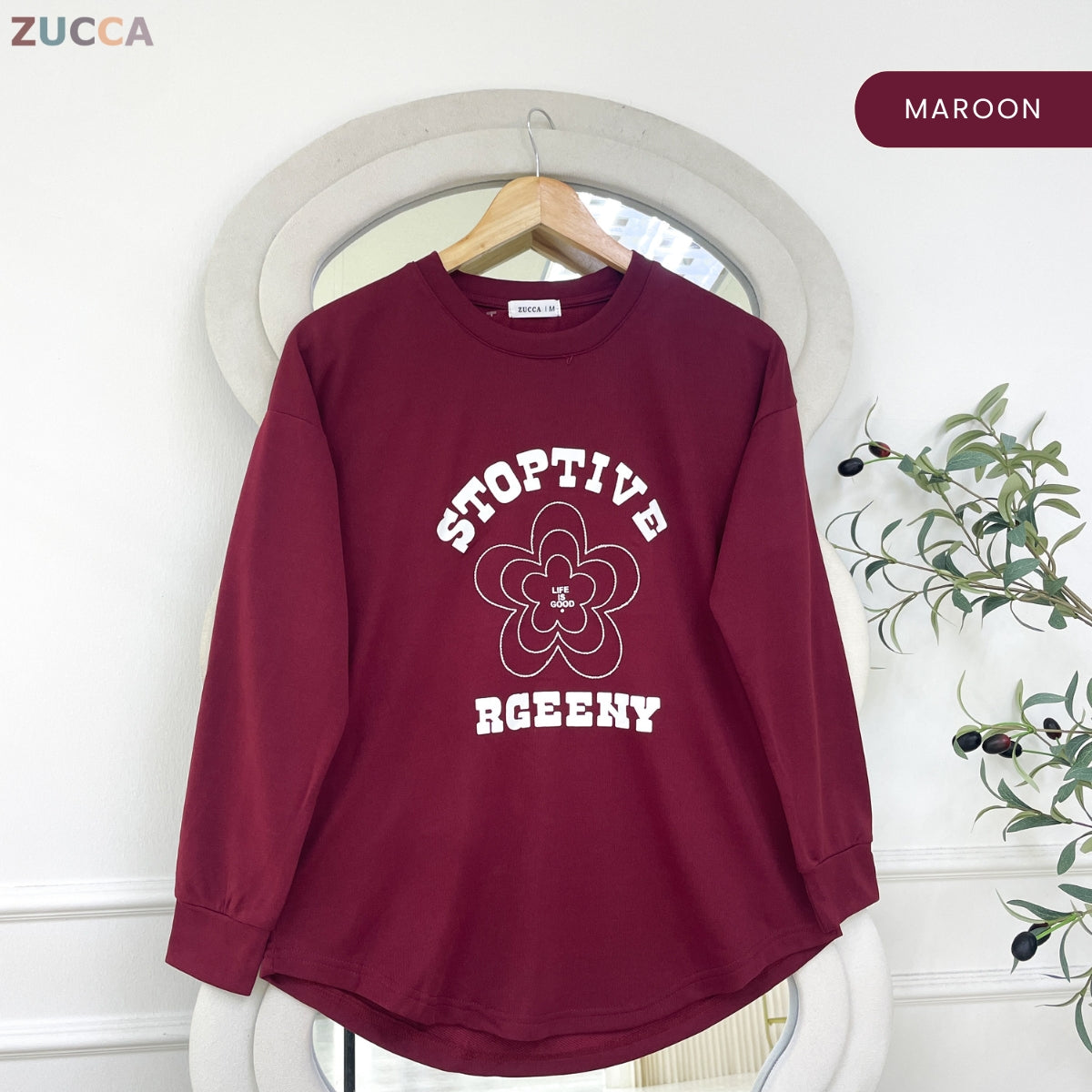 ZUCCA NATASHA MINIMAL FLORAL GRAPHIC MODEST LONG SLEEVE TOP - MA188