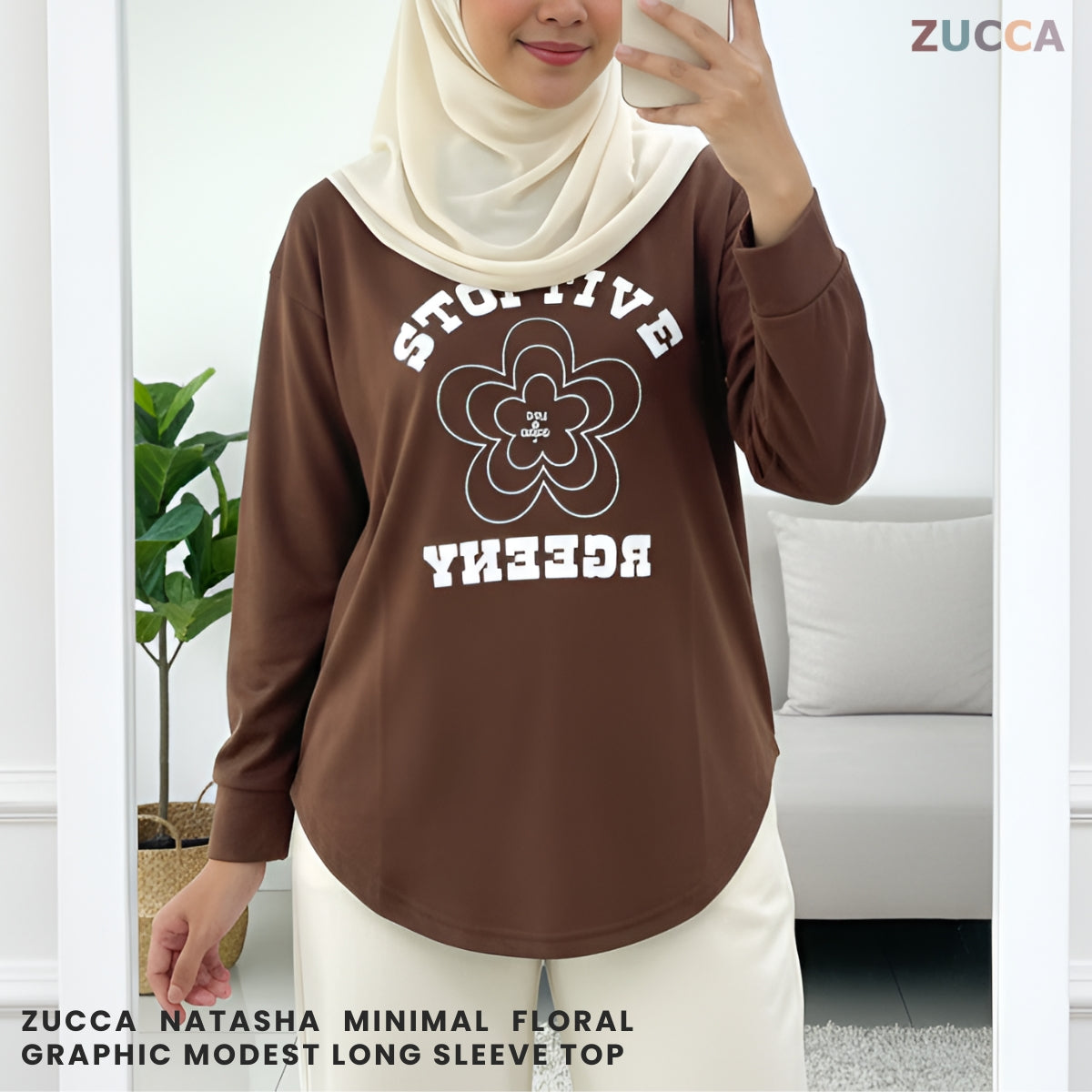 ZUCCA NATASHA MINIMAL FLORAL GRAPHIC MODEST LONG SLEEVE TOP - MA188