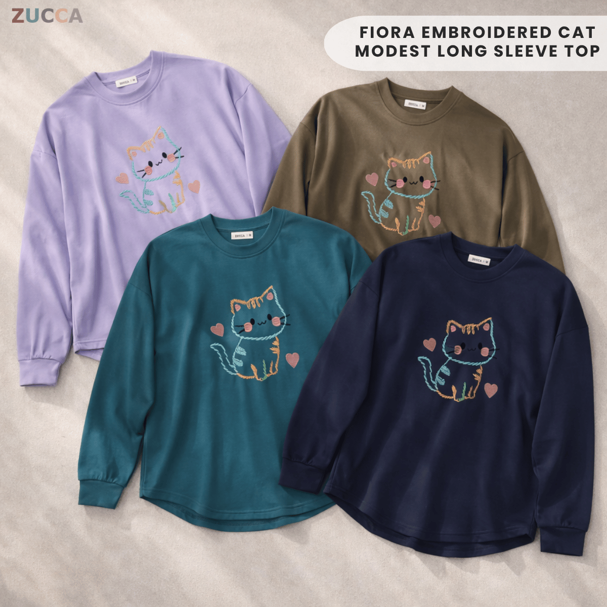 ZUCCA FIORA EMBROIDERED CAT MODEST LONG SLEEVE TOP - MA189
