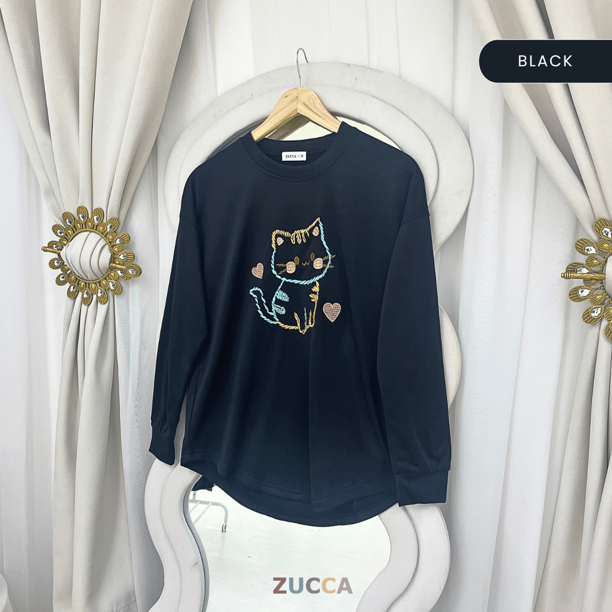 ZUCCA FIORA EMBROIDERED CAT MODEST LONG SLEEVE TOP - MA189